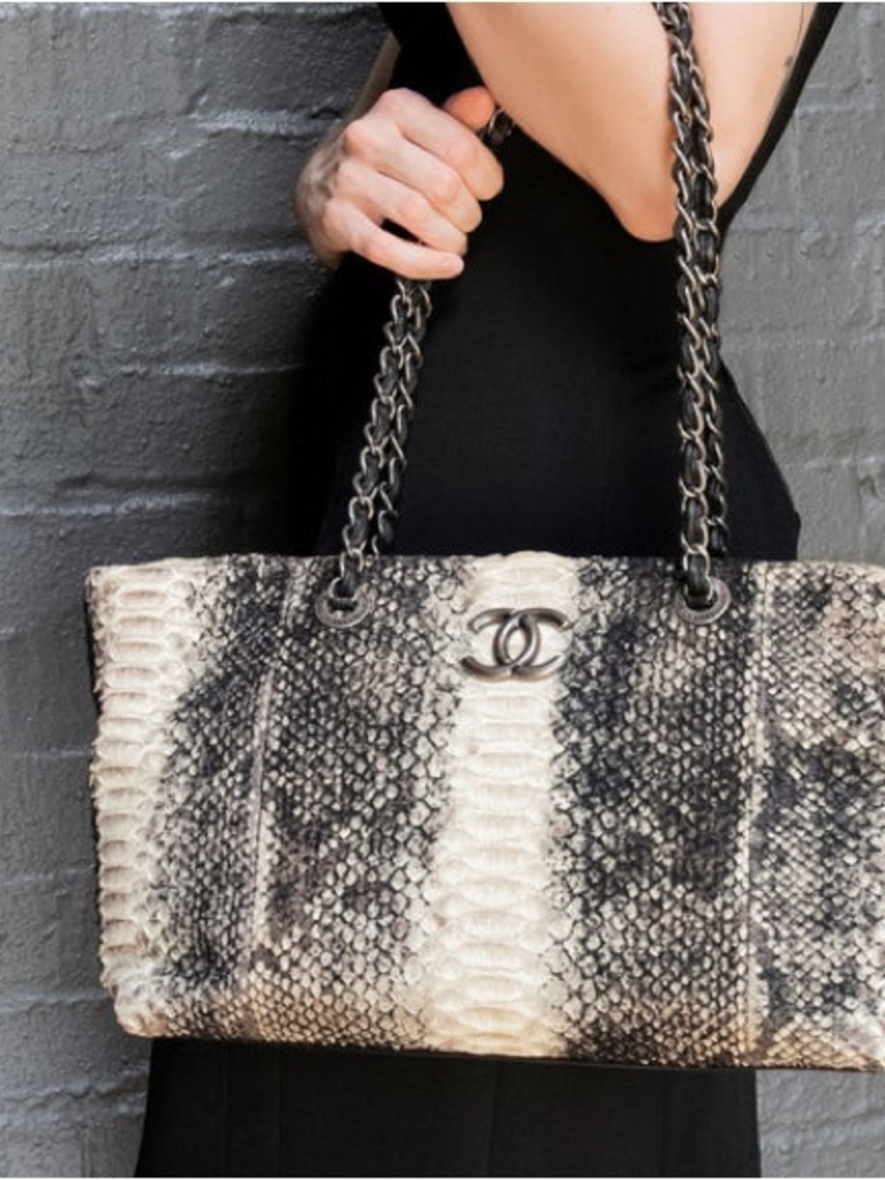 CHANEL Black & Cream Python-Print Chain Strap Tote